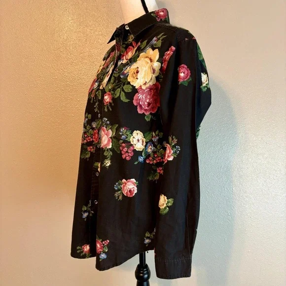 Sun River Button Up Blouse Women's Medium Black Whimsigoth Red Yellow Blue Roses - Picture 4 of 11